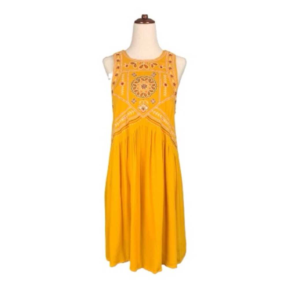 Boho Mustard‎ Yellow Prairie Summer Dress Floral Embroidered Midi Western XS